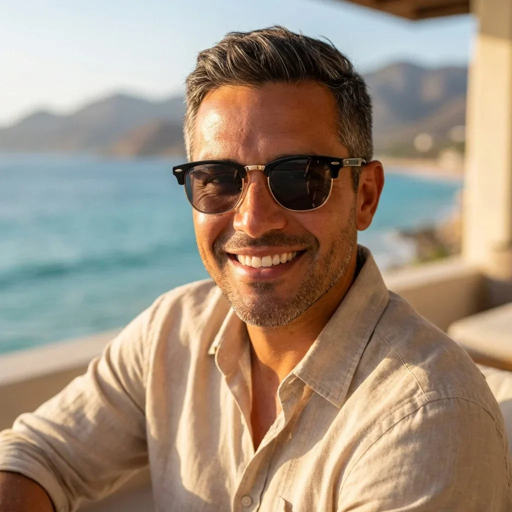 Hombre luciendo BookMaster Black lentes de lectura con pregraduados #editorial_grid2 #color_default
