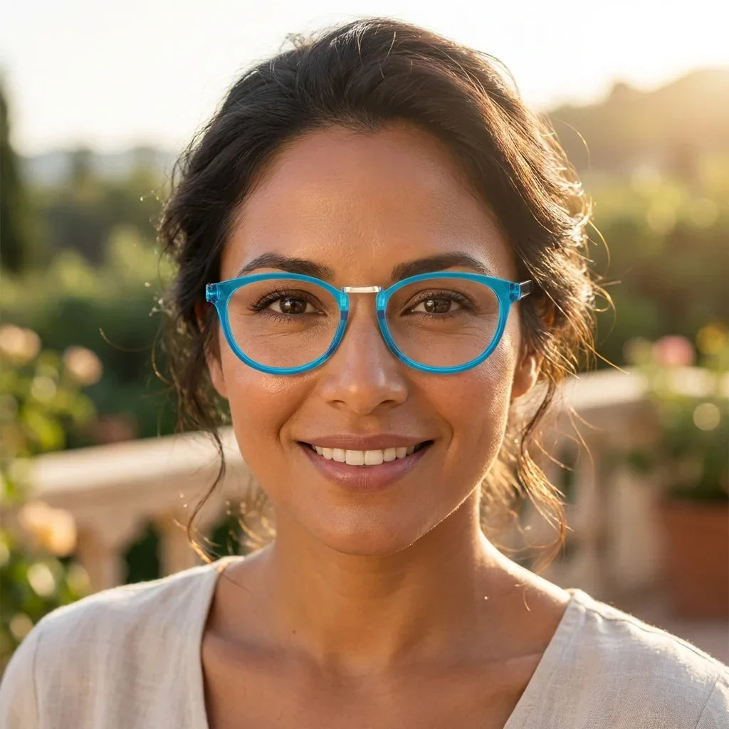 Mujer luciendo Claude Blue lentes de lectura con pregraduados #editorial_bluelight #color_default