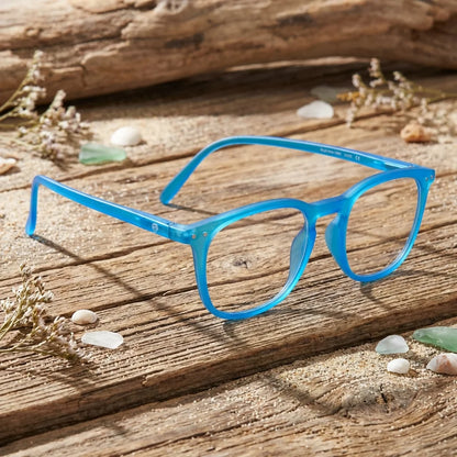 Vista lateral lentes lectura Fiji Azul Matte triple proteccion luz azul UV400 antirreflejo RPET reciclado Bonoboss #editorial_banner #color_default