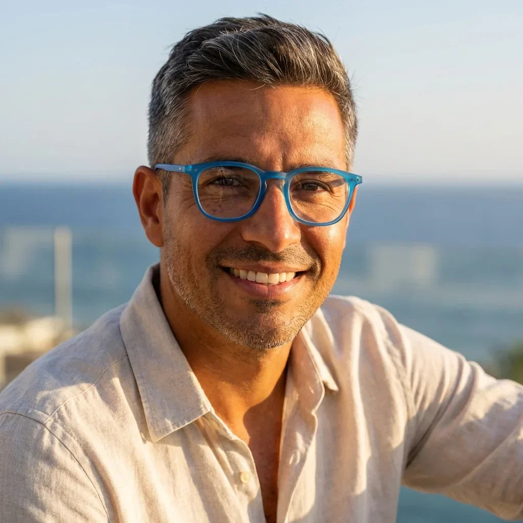 Profesional trabajando todo el dia lentes lectura Fiji Azul Matte proteccion completa luz azul UV antirreflejo Bonoboss #editorial_grid2 #color_default