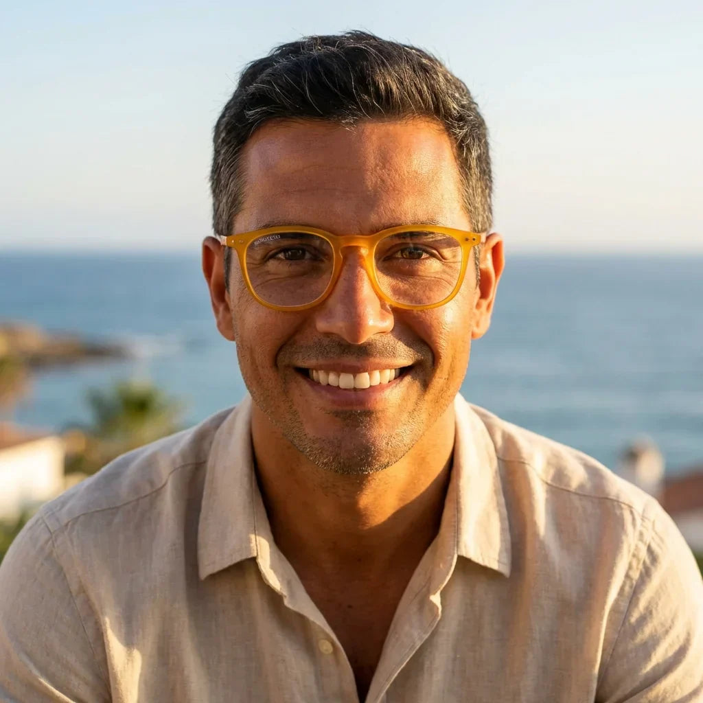 Profesional trabajando todo el dia lentes lectura Fiji Transparente proteccion completa luz azul UV antirreflejo Bonoboss #editorial_grid2 #color_default