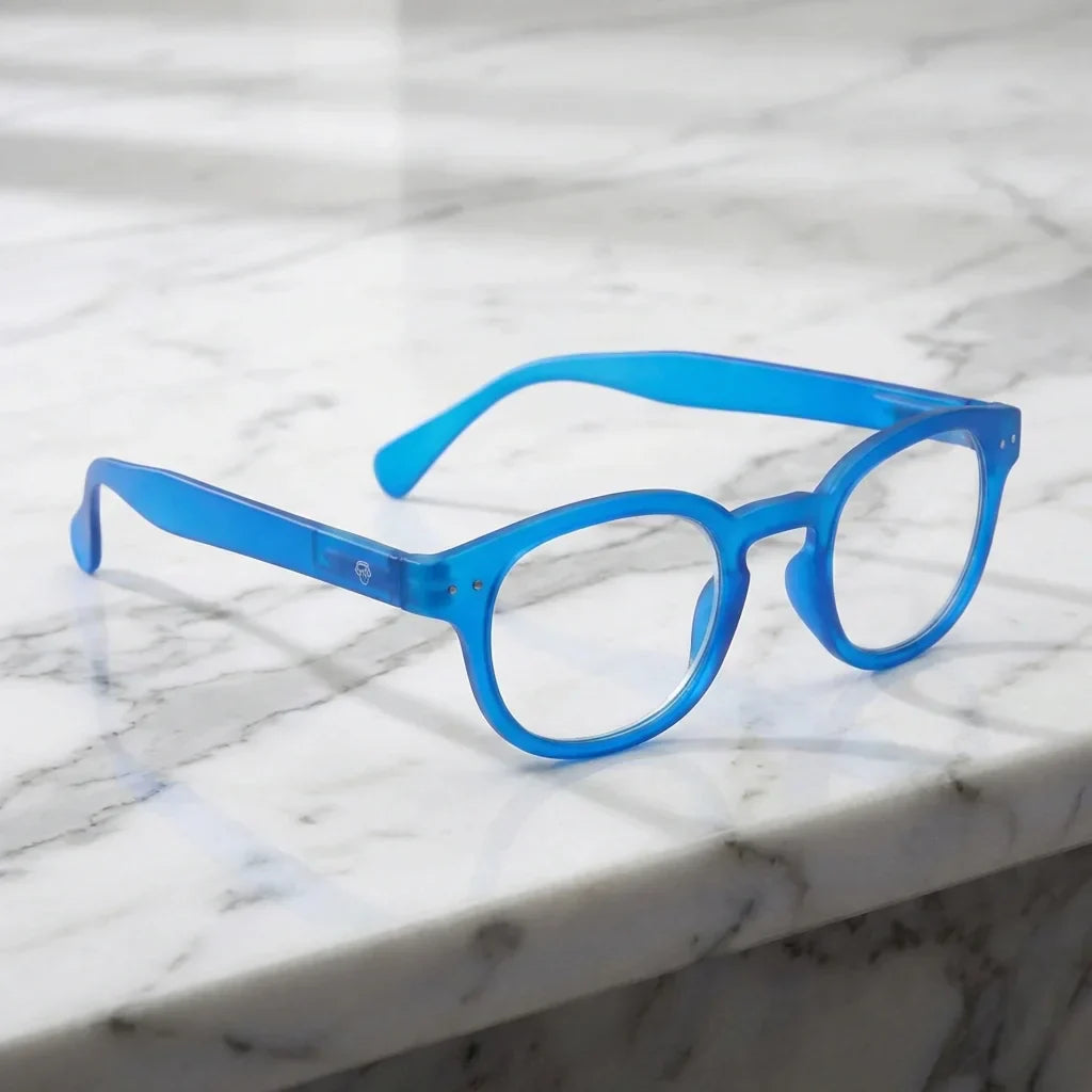 Vista lateral lentes lectura Hawaii Azul triple proteccion luz azul UV400 antirreflejo RPET reciclado Bonoboss #editorial_banner #color_default