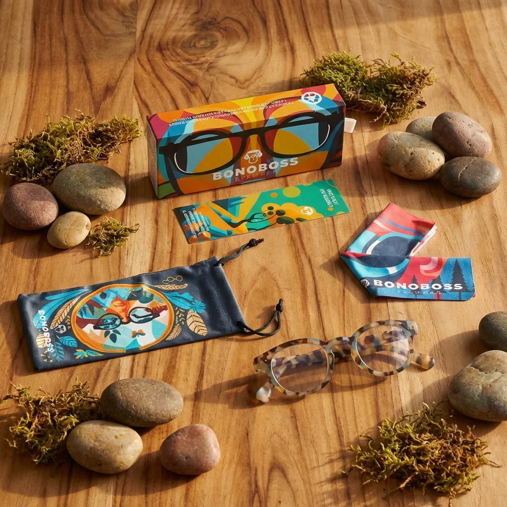 Vista lateral lentes lectura Hawaii Blue triple proteccion luz azul UV400 antirreflejo RPET reciclado Bonoboss #editorial_banner #color_default