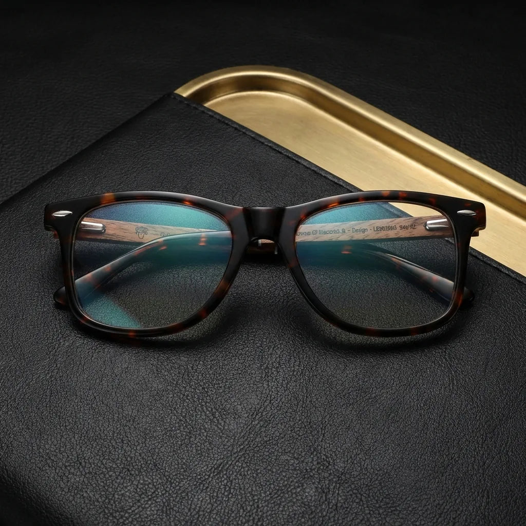 Lentes ópticos Acacia Carey sobre cuero negro con detalle brass dorado calidad premium receta Bonoboss #editorial_banner_confianza #color_carey