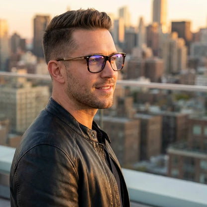 Lentes ópticos Acacia Carey hombre profesional en rooftop urbano atardecer Bonoboss #editorial_lifestyle1 #color_carey