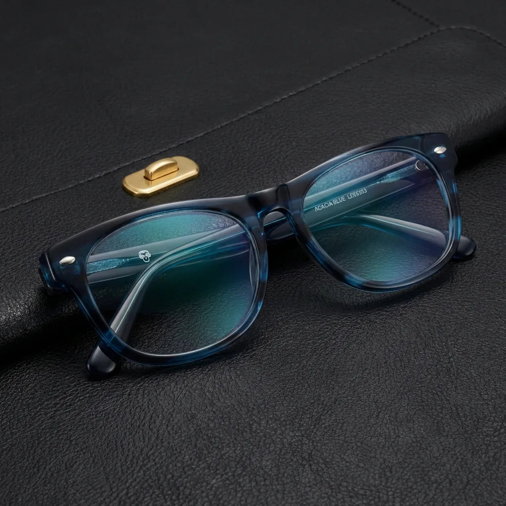 Lentes ópticos Acacia Azul sobre cuero negro con detalle brass dorado calidad premium receta Bonoboss #editorial_banner_confianza #color_azul