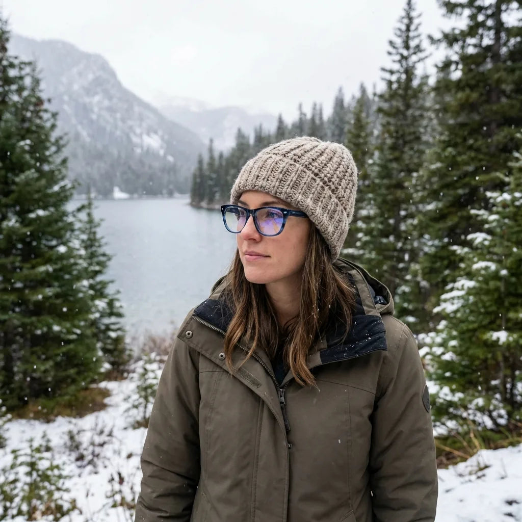 Lentes ópticos Acacia Azul modelo con gorro en bosque nevado invernal Bonoboss #editorial_lifestyle1 #color_azul