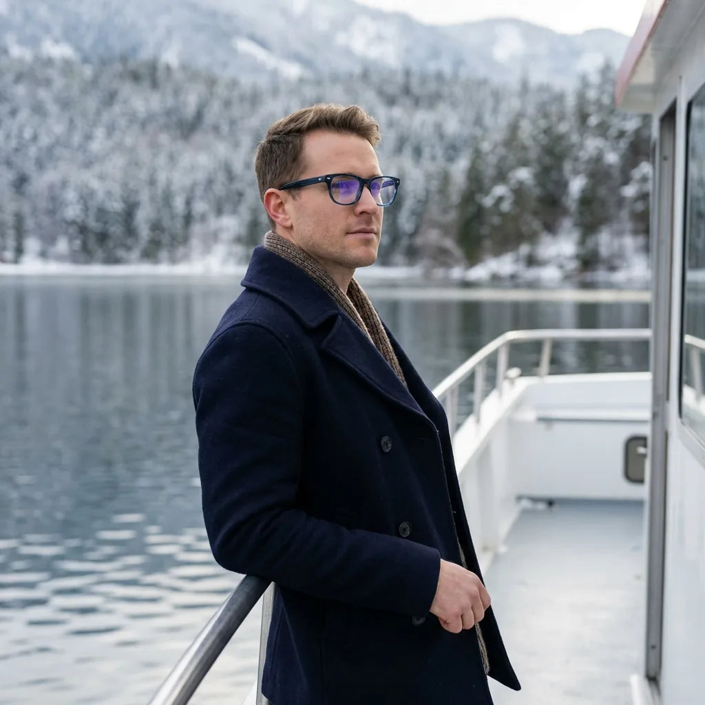 Lentes ópticos Acacia Azul modelo en barco lago con bosque nevado Bonoboss #editorial_lifestyle2 #color_azul
