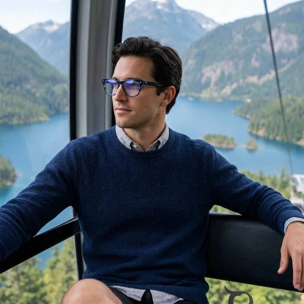 Lentes ópticos Acacia Azul modelo en teleférico con vista a lago Bonoboss #editorial_lifestyle3 #color_azul