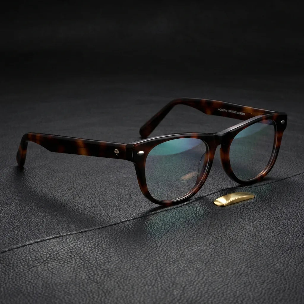 Lentes ópticos Acacia Carey sobre cuero negro con detalle brass dorado calidad premium receta Bonoboss #editorial_banner_confianza #color_carey