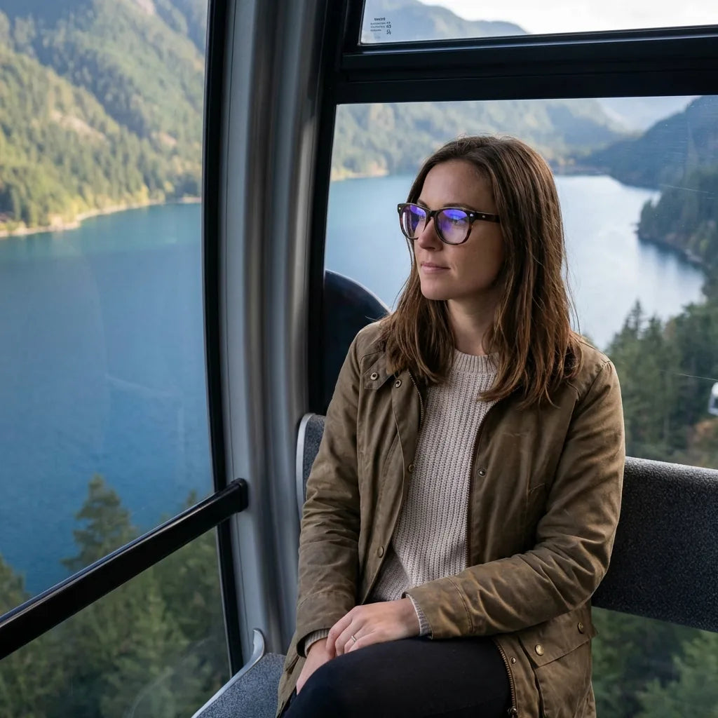 Lentes ópticos Acacia Carey modelo en teleférico con vista a lago Bonoboss #editorial_lifestyle3 #color_carey