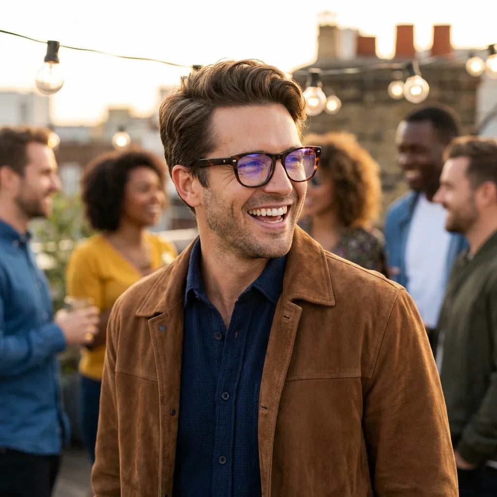 Lentes ópticos Acacia Carey modelo en contexto social urbano profesional Bonoboss #editorial_lifestyle4 #color_carey