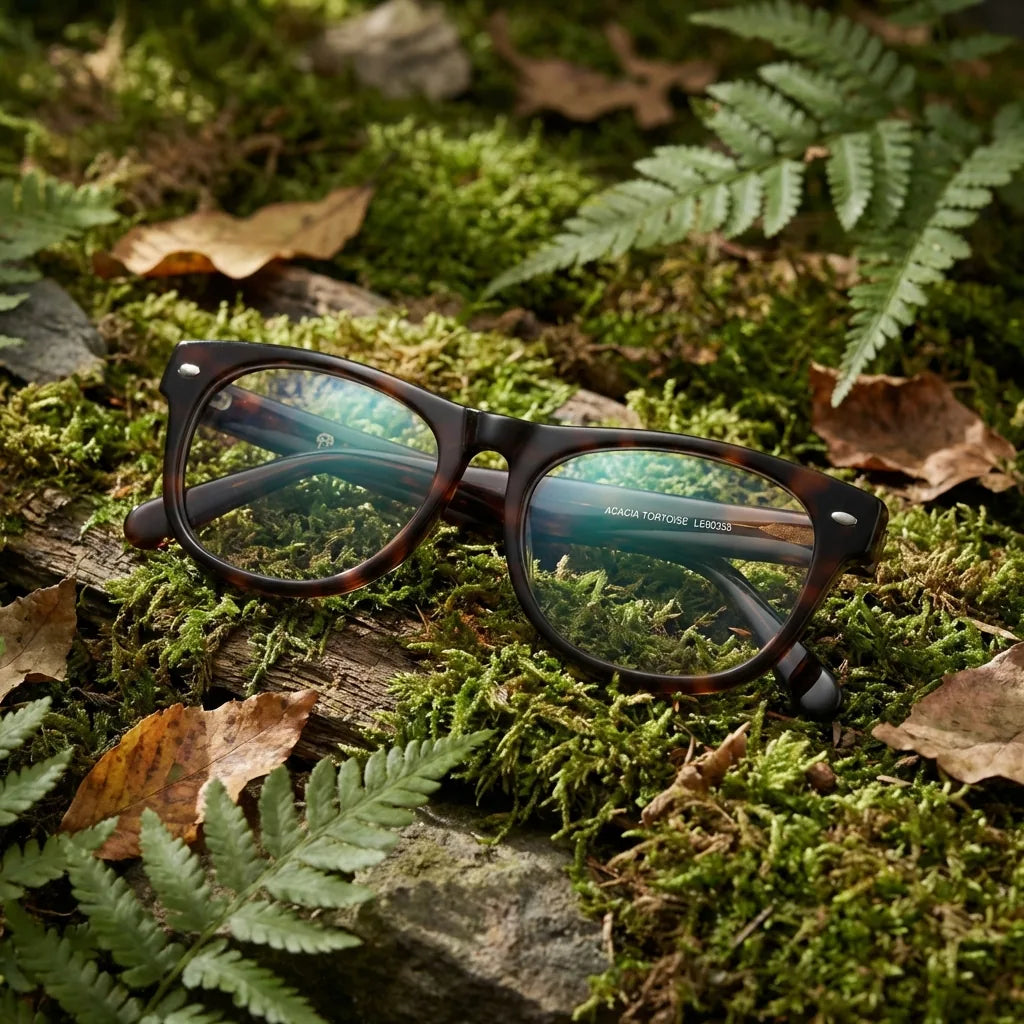 Lentes ópticos Acacia Carey en bosque verde natural diseño sustentable Bonoboss #editorial_sustentabilidad #color_carey