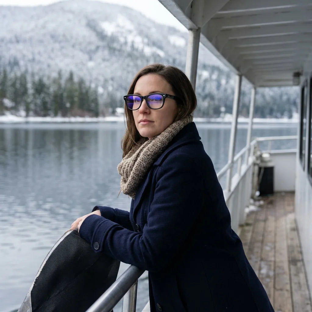 Lentes ópticos Acacia Negro modelo en barco lago con bosque nevado Bonoboss #editorial_lifestyle1 #color_negro