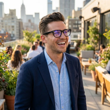 Lentes ópticos Acacia Negro mujer en terraza con vista panorámica Bonoboss #editorial_lifestyle2 #color_negro