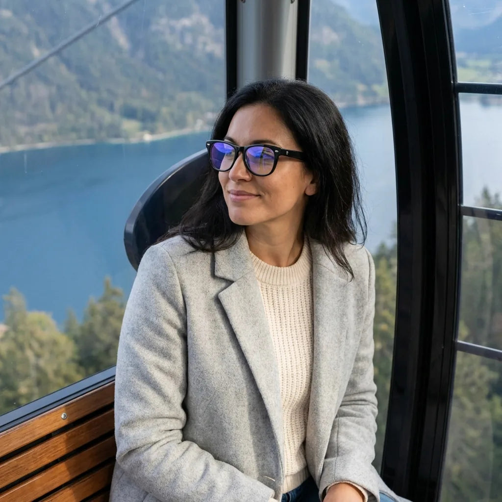 Lentes ópticos Acacia Negro modelo en teleférico con vista a lago Bonoboss #editorial_lifestyle3 #color_negro