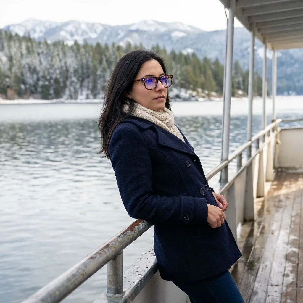 Lentes ópticos Acacia Carey modelo en barco lago con bosque nevado Bonoboss #editorial_lifestyle1 #color_carey