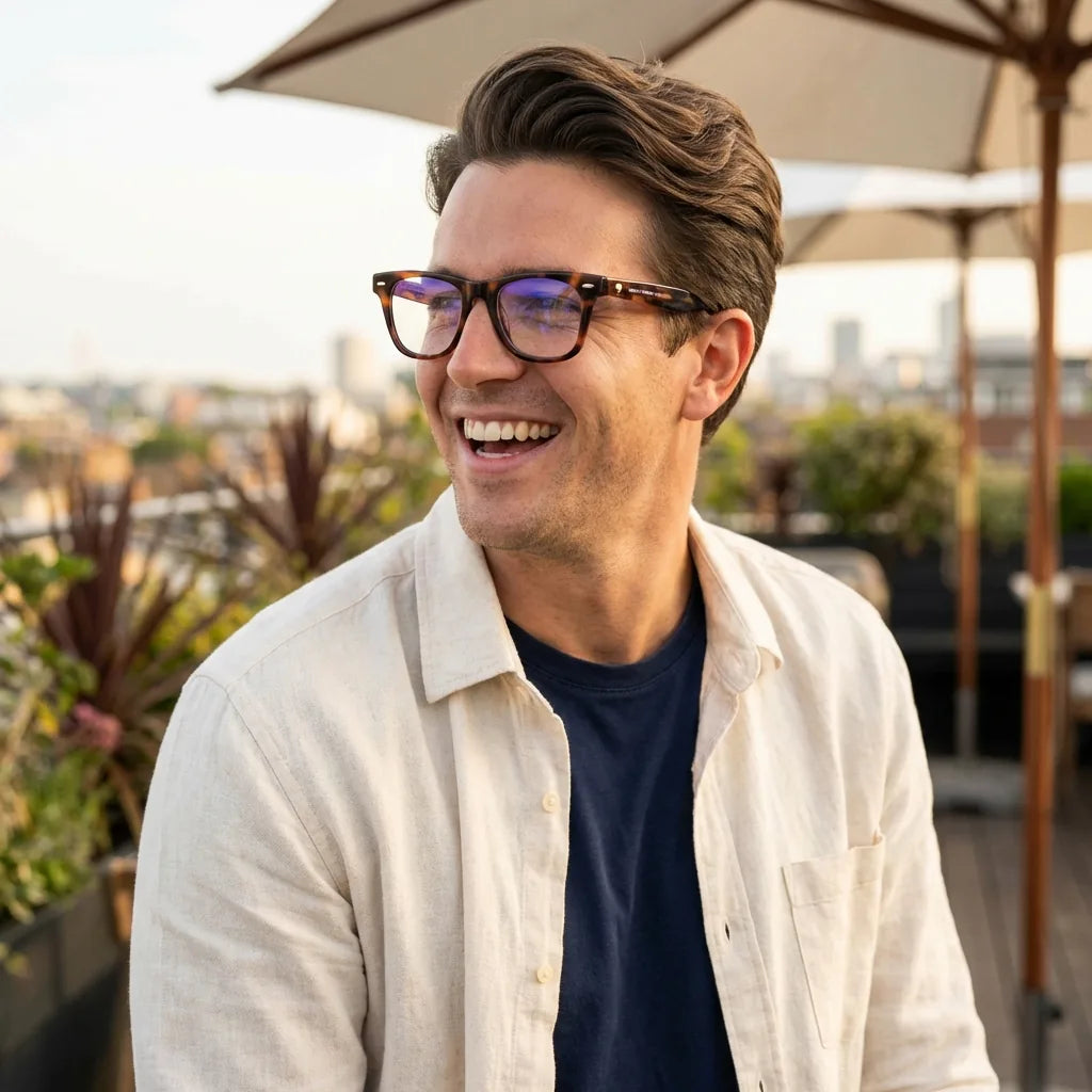 Lentes ópticos Acacia Carey mujer en terraza con vista panorámica Bonoboss #editorial_lifestyle2 #color_carey