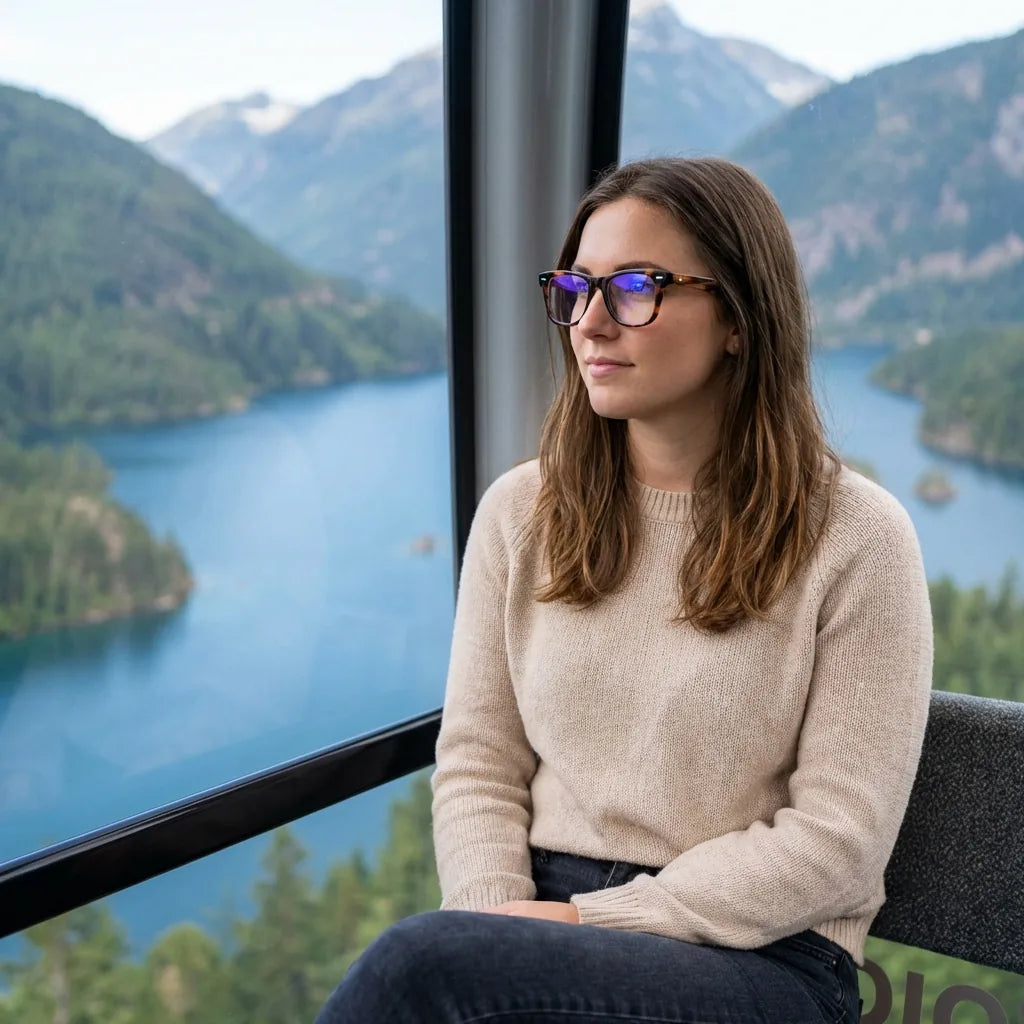 Lentes ópticos Acacia Carey modelo en teleférico con vista a lago Bonoboss #editorial_lifestyle3 #color_carey