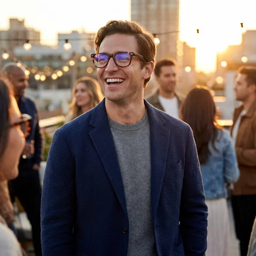 Lentes ópticos Acacia Carey modelo en contexto social urbano profesional Bonoboss #editorial_lifestyle4 #color_carey