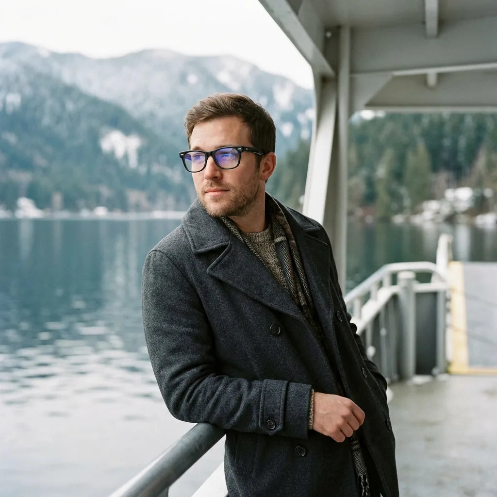 Lentes ópticos Acacia Negro modelo en barco lago con bosque nevado Bonoboss #editorial_lifestyle1 #color_negro