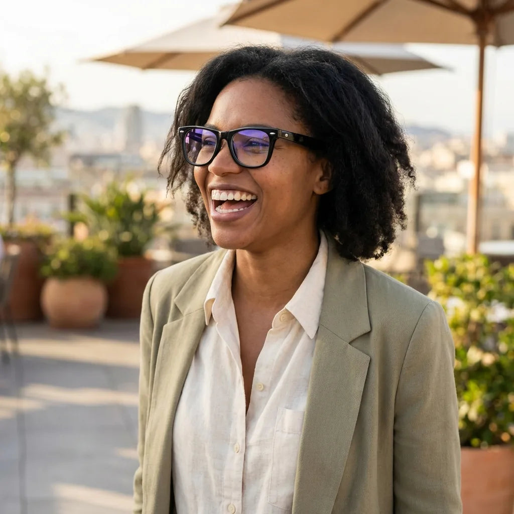 Lentes ópticos Acacia Negro mujer en terraza con vista panorámica Bonoboss #editorial_lifestyle2 #color_negro