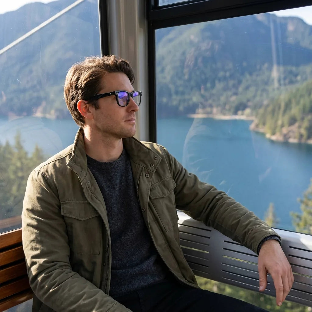 Lentes ópticos Acacia Negro modelo en teleférico con vista a lago Bonoboss #editorial_lifestyle3 #color_negro