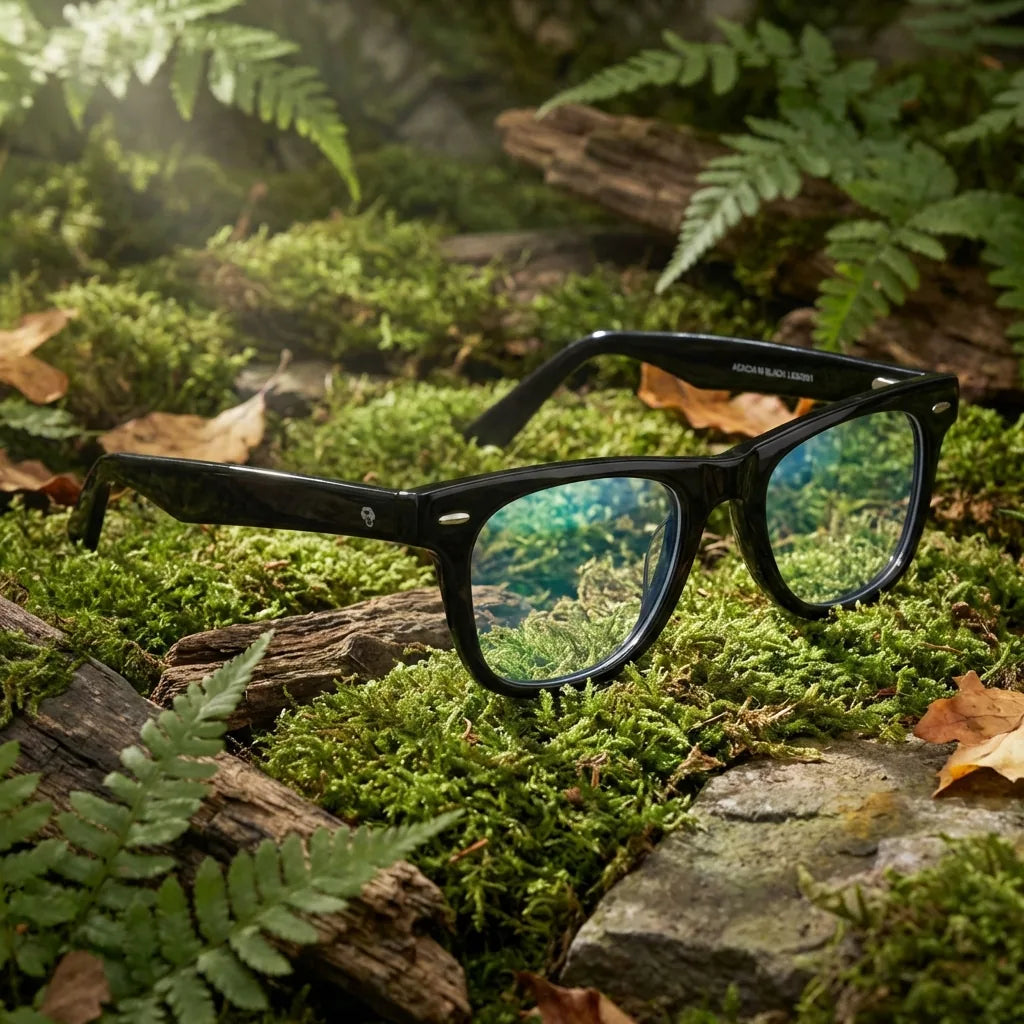 Lentes ópticos Acacia Negro en bosque verde natural diseño sustentable Bonoboss #editorial_sustentabilidad #color_negro