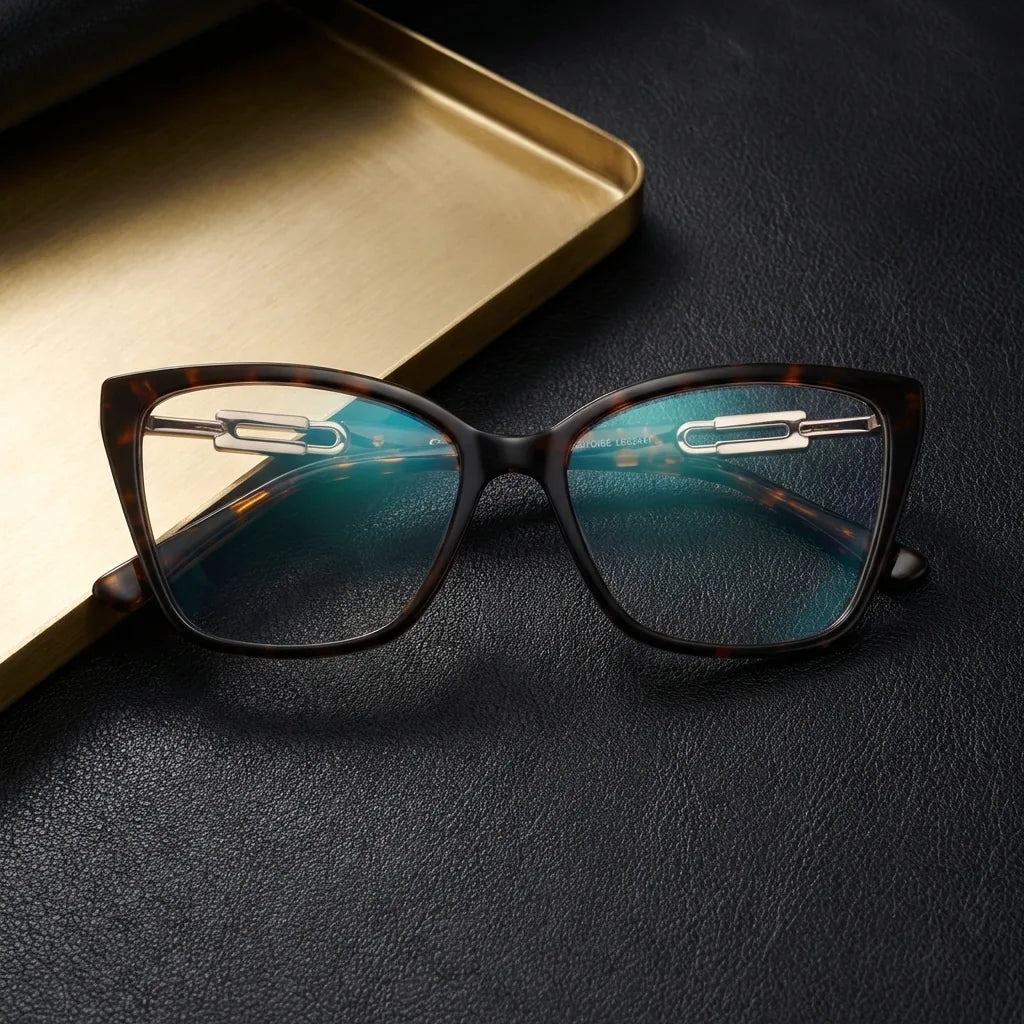 Lentes ópticos Amy Carey sobre cuero negro con detalle brass dorado calidad premium receta Bonoboss #editorial_banner_confianza #color_carey