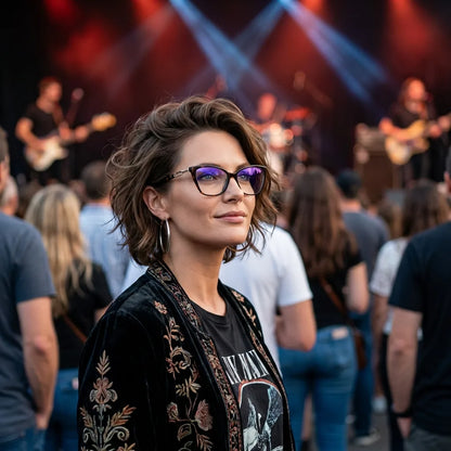 Lentes ópticos Amy Carey mujer en concierto nocturno urbano Bonoboss #editorial_lifestyle3 #color_carey