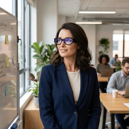 Lentes ópticos Artemisa Negro mujer profesional en coworking moderno Bonoboss #editorial_lifestyle3 #color_negro
