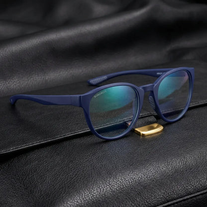 Vista frontal del modelo Ashley lentes luz azul azul vibrante antirrayas #color_azul