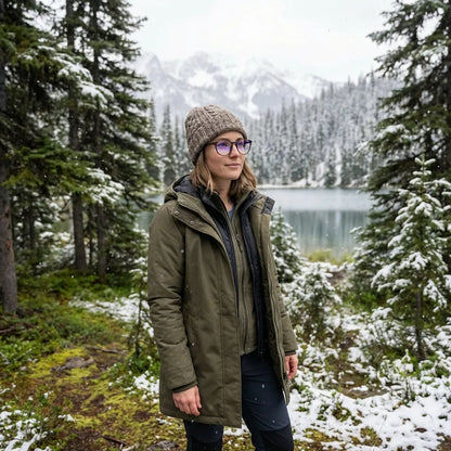 Lentes ópticos Ashley Brown modelo con gorro en bosque nevado invernal Bonoboss #editorial_lifestyle1 #color_brown