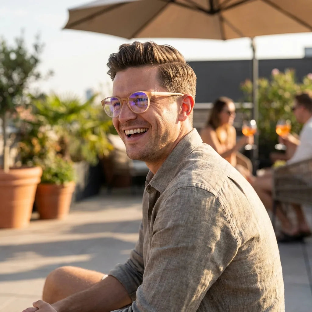 Lentes ópticos Ashley Champagne mujer en terraza con vista panorámica Bonoboss #editorial_lifestyle2 #color_champagne
