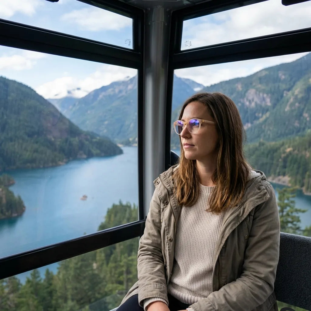 Lentes ópticos Ashley Champagne modelo en teleférico con vista a lago Bonoboss #editorial_lifestyle3 #color_champagne