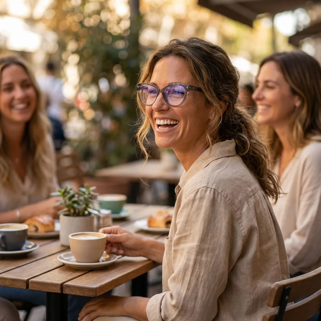Lentes ópticos Aurora Gris mujer en café con amigas ambiente social Bonoboss #editorial_lifestyle1 #color_gris