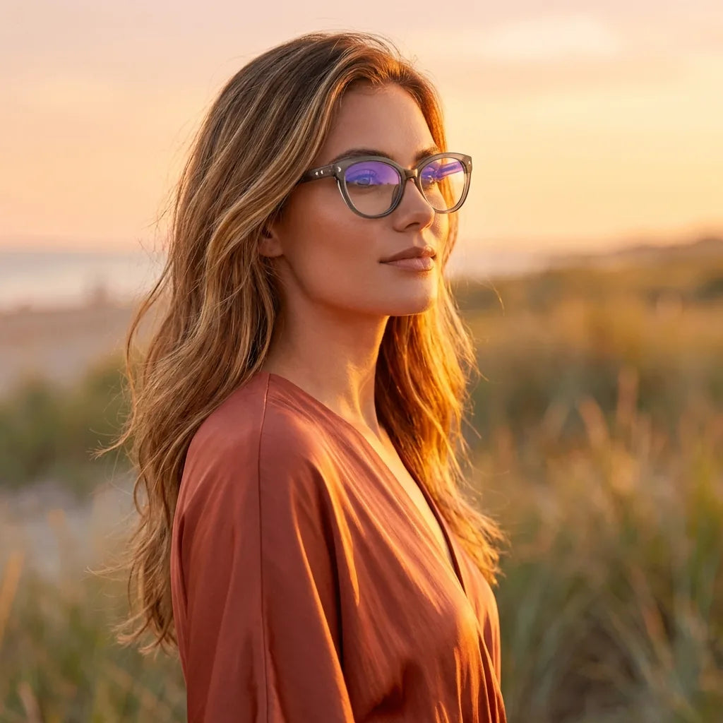 Lentes ópticos Aurora Gris mujer en luz dorada golden hour elegante Bonoboss #editorial_lifestyle2 #color_gris