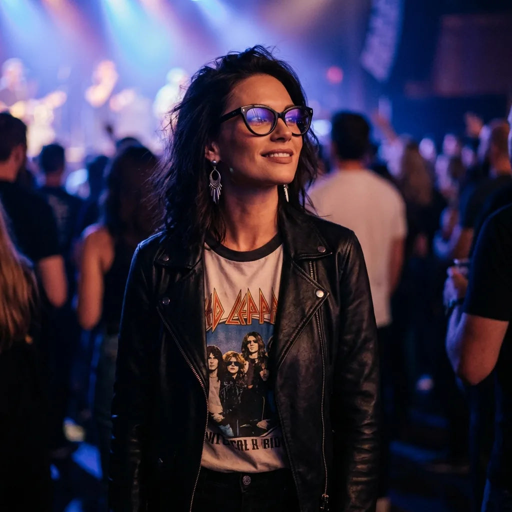 Lentes ópticos Aurora Negro mujer en concierto nocturno urbano Bonoboss #editorial_lifestyle4 #color_negro