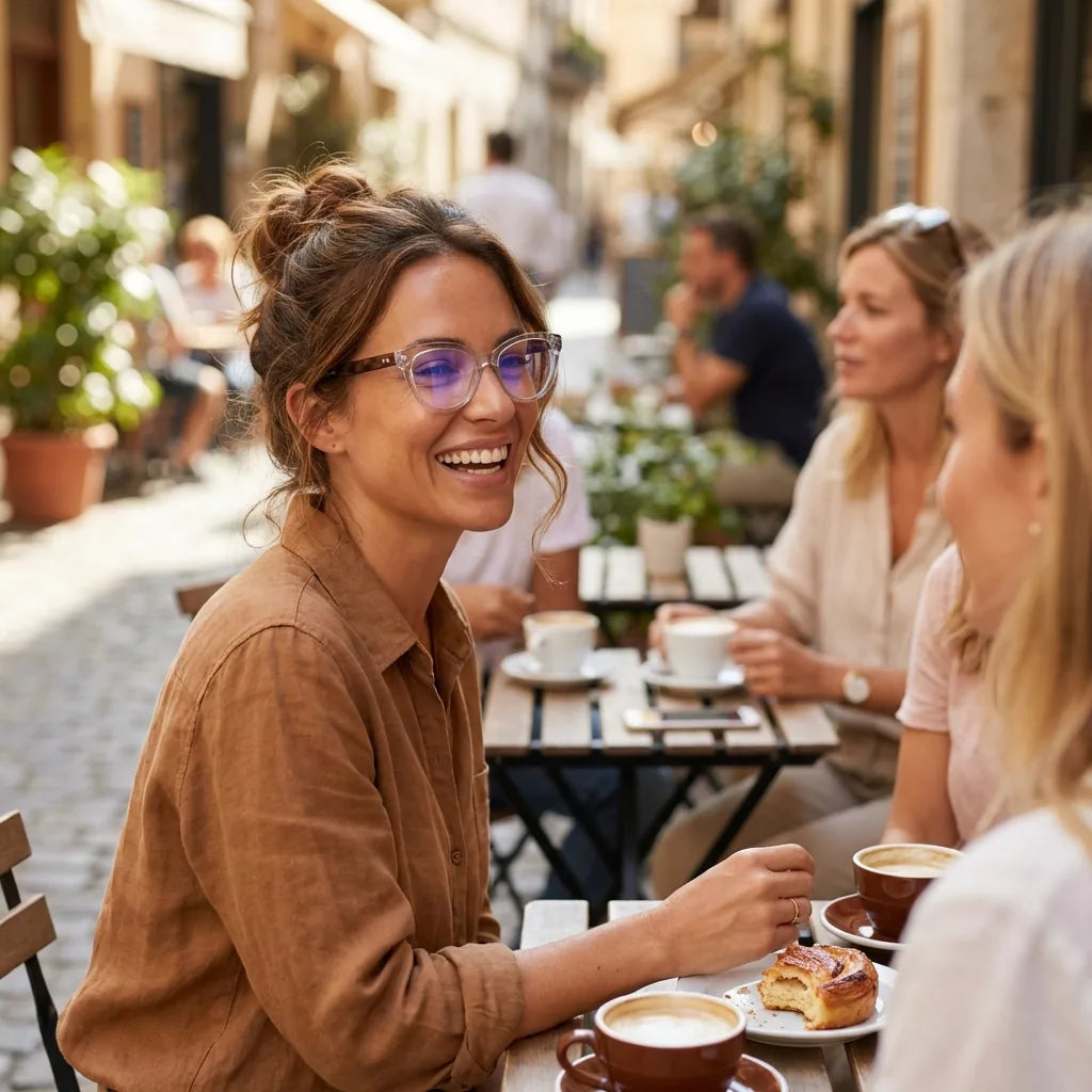 Lentes ópticos Aurora Transparente mujer en café con amigas ambiente social Bonoboss #editorial_lifestyle1 #color_transparente