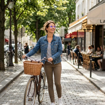 Lentes ópticos Aurora Transparente mujer en bicicleta vintage café urbano Bonoboss #editorial_lifestyle2 #color_transparente