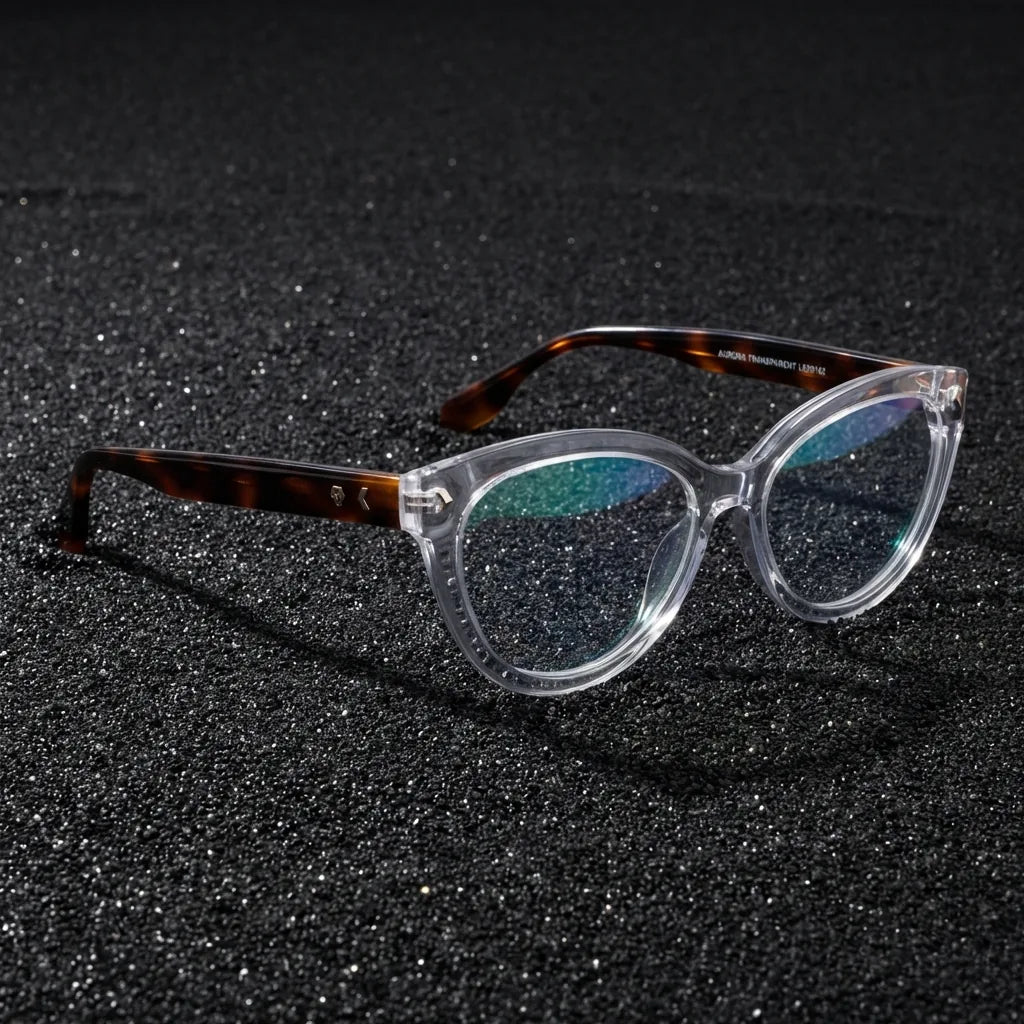Lentes ópticos Aurora Transparente sobre arena volcánica texturizada diseño sustentable Bonoboss #editorial_sustentabilidad #color_transparente