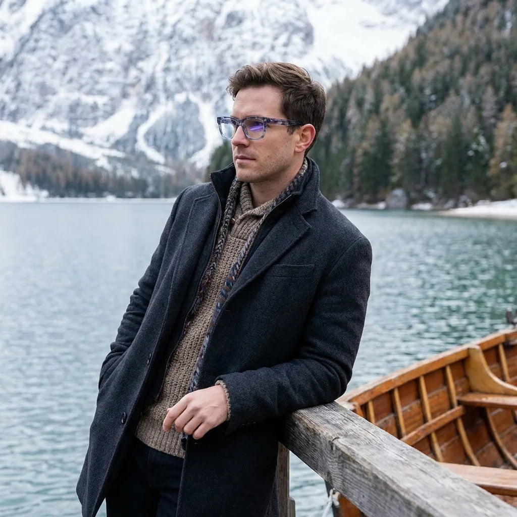 Lentes ópticos Barcelona 1 AliceBlue modelo en barco lago con bosque nevado Bonoboss #editorial_lifestyle2 #color_aliceblue