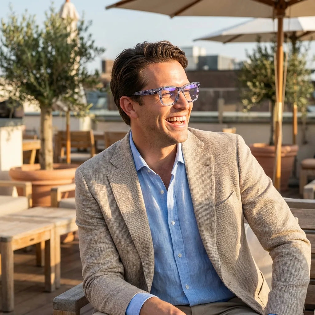 Lentes ópticos Barcelona 1 AliceBlue mujer en terraza con vista panorámica Bonoboss #editorial_lifestyle3 #color_aliceblue