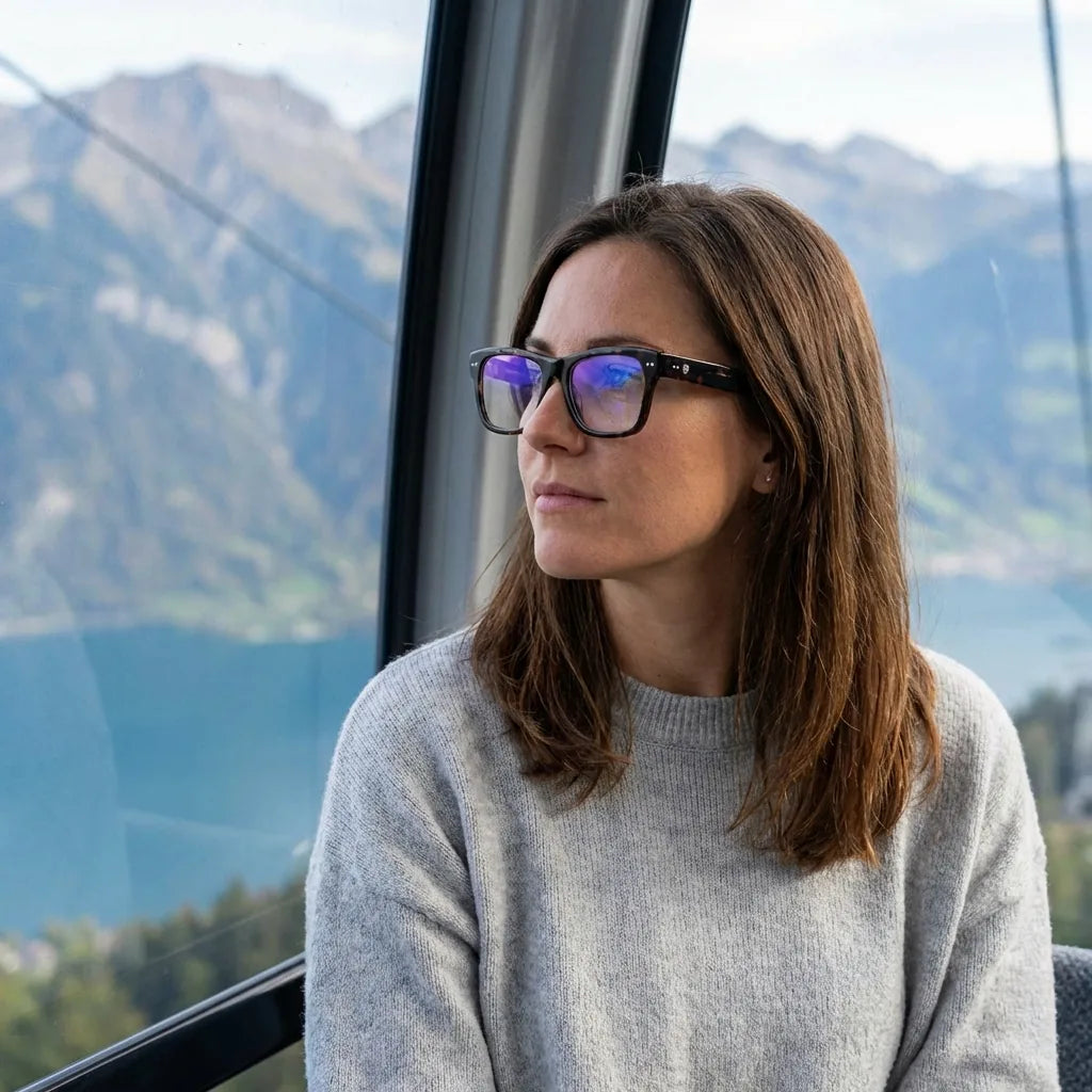 Lentes ópticos Barcelona 1 Carey modelo en teleférico con vista a lago Bonoboss #editorial_lifestyle3 #color_carey