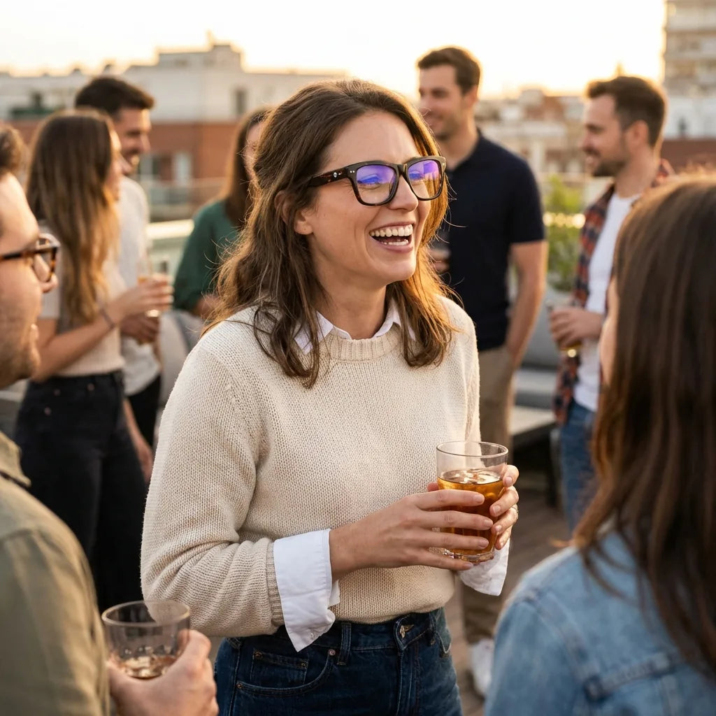 Lentes ópticos Barcelona 1 Carey modelo en contexto social urbano profesional Bonoboss #editorial_lifestyle4 #color_carey