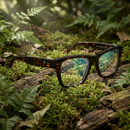Lentes ópticos Barcelona 1 Carey en bosque verde natural diseño sustentable Bonoboss #editorial_sustentabilidad #color_carey