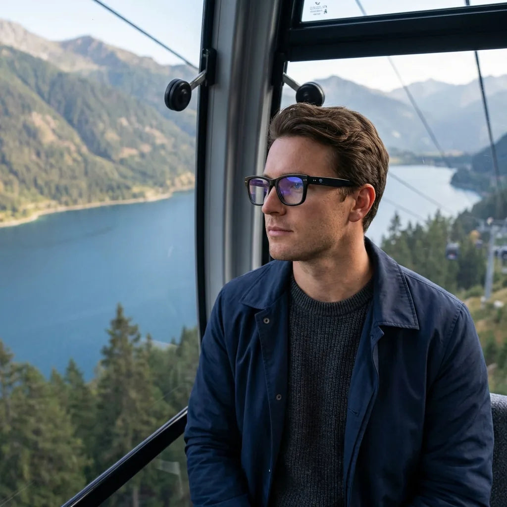 Lentes ópticos Barcelona 1 Negro modelo en teleférico con vista a lago Bonoboss #editorial_lifestyle3 #color_negro