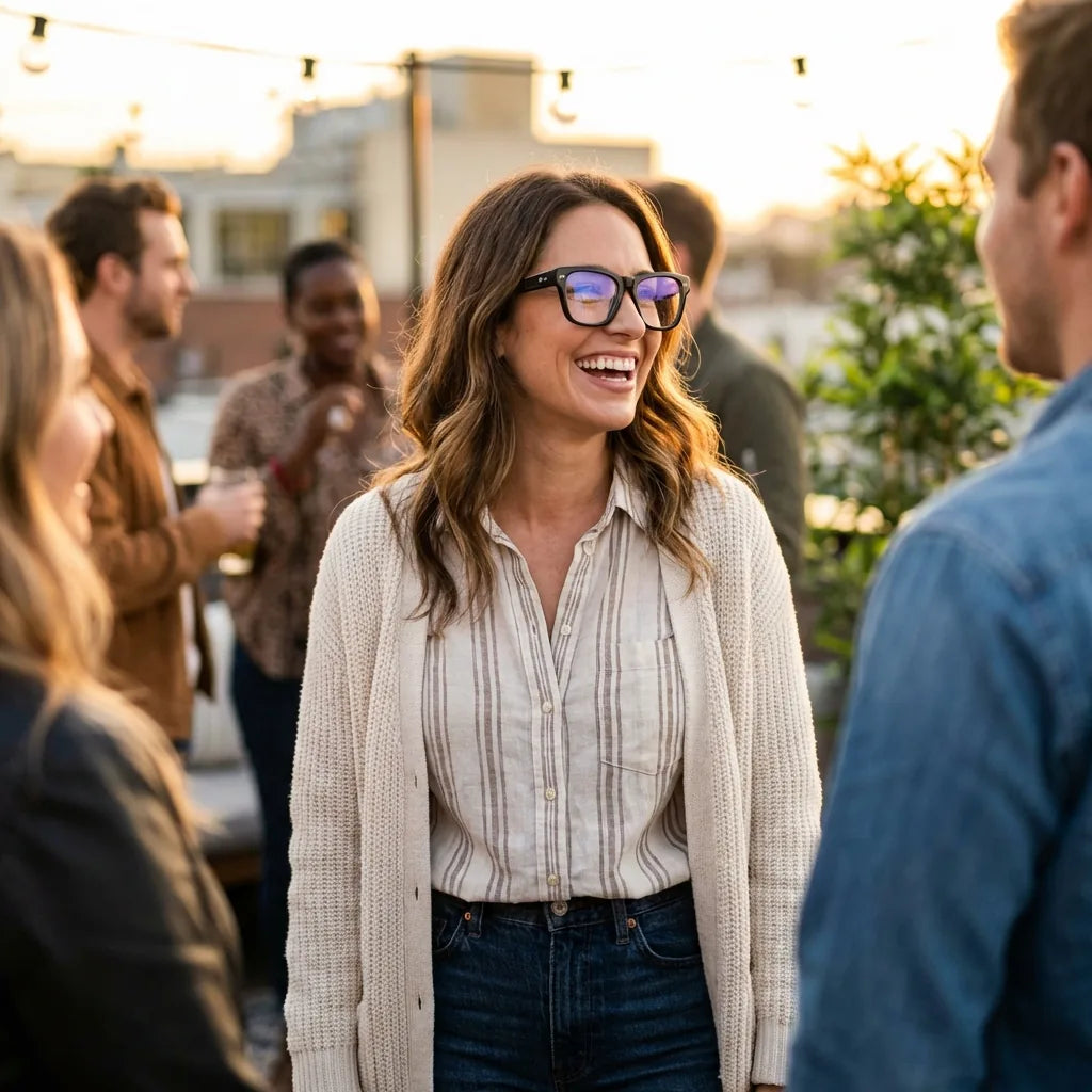 Lentes ópticos Barcelona 1 Negro modelo en contexto social urbano profesional Bonoboss #editorial_lifestyle4 #color_negro