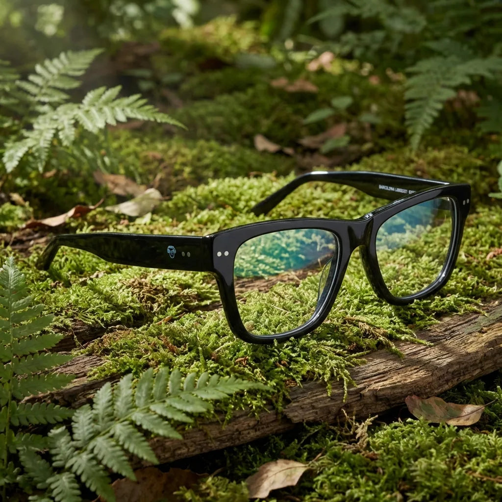 Lentes ópticos Barcelona 1 Negro en bosque verde natural diseño sustentable Bonoboss #editorial_sustentabilidad #color_negro