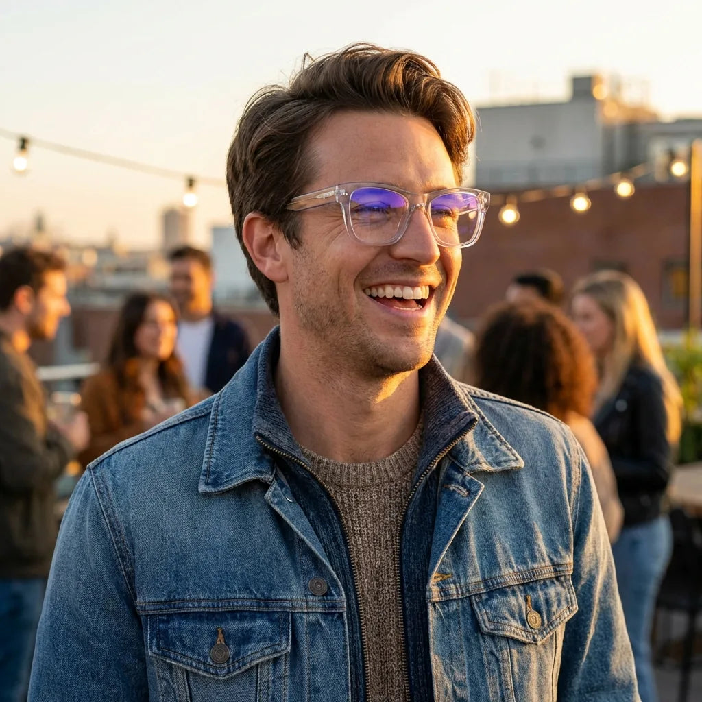 Lentes ópticos Barcelona 1 Transparente modelo en contexto social urbano profesional Bonoboss #editorial_lifestyle4 #color_transparente